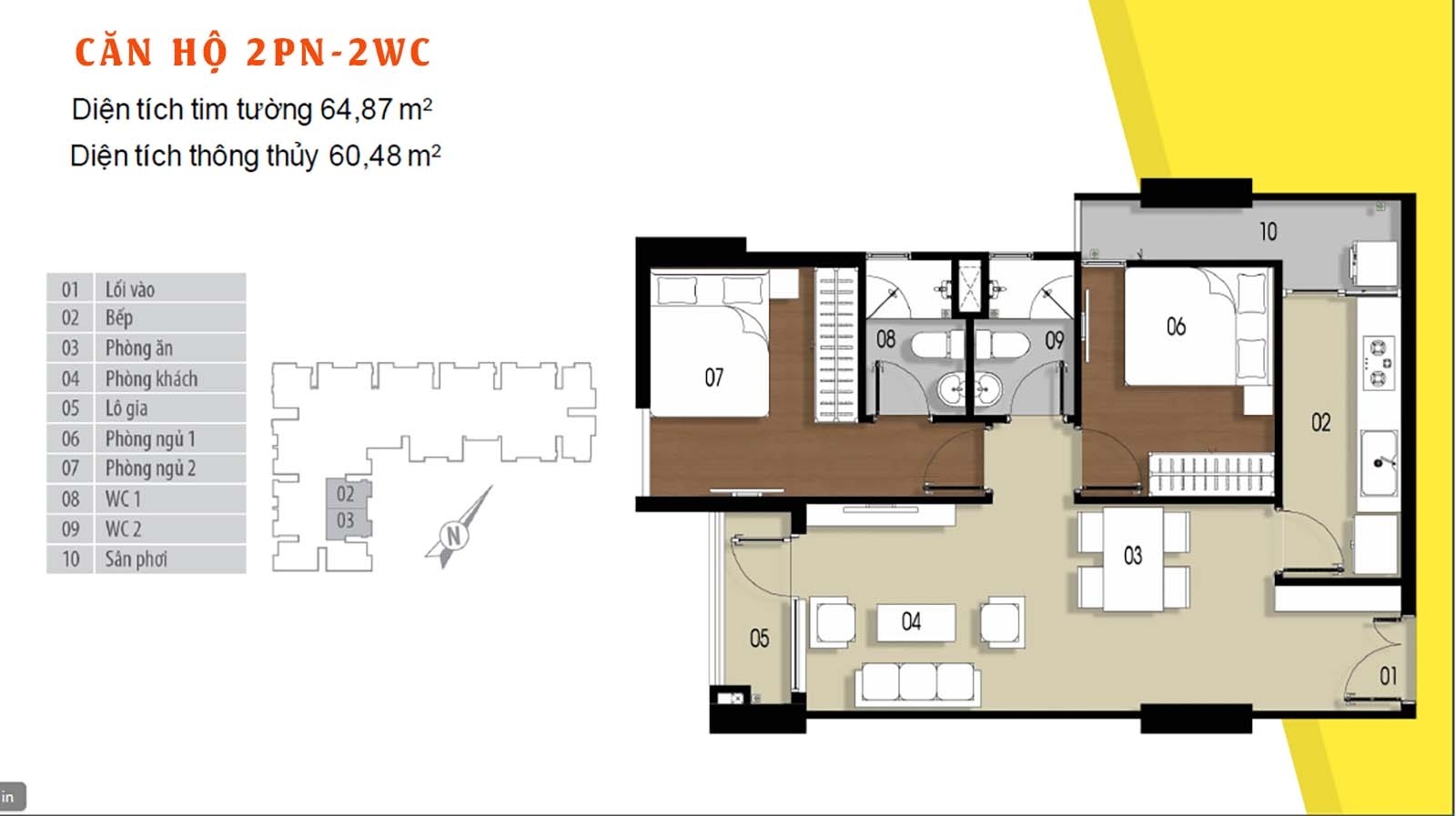 Layout thiết kế chi tiết căn hộ 64.87 Him Lam Phú Đông