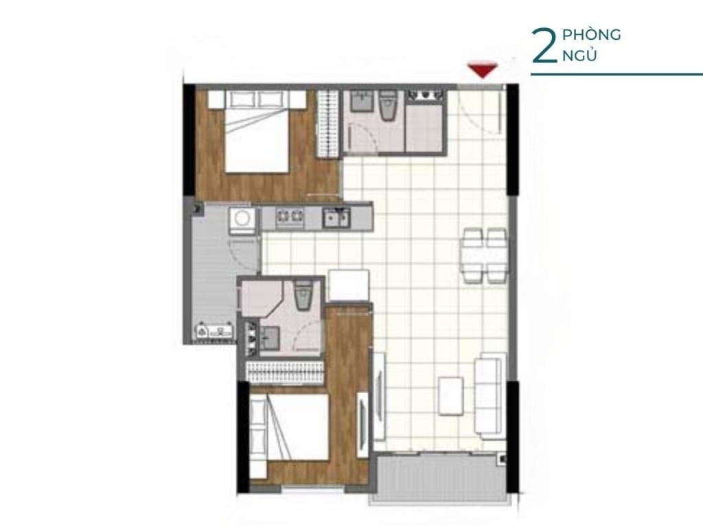 Mặt bằng căn 2 phòng ngủ 75-80m2 Opal Boulevard