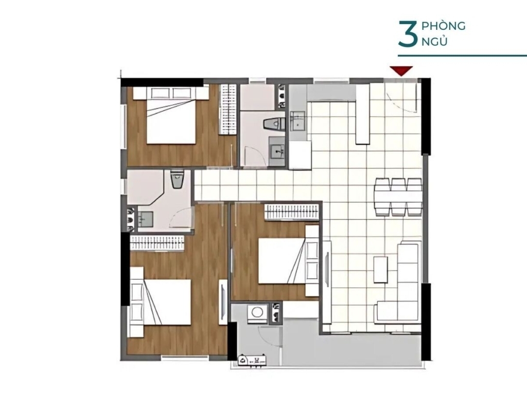 Mặt bằng căn 3 phòng ngủ 88-92m2 Opal Boulevard